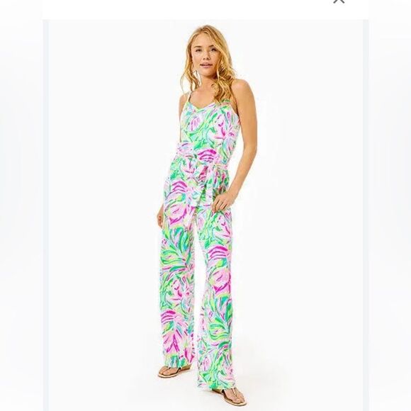 Lilly Pulitzer Arabelle Pink and Green Wide Leg Jumpsuit NWT $188 - Picture 1 of 4